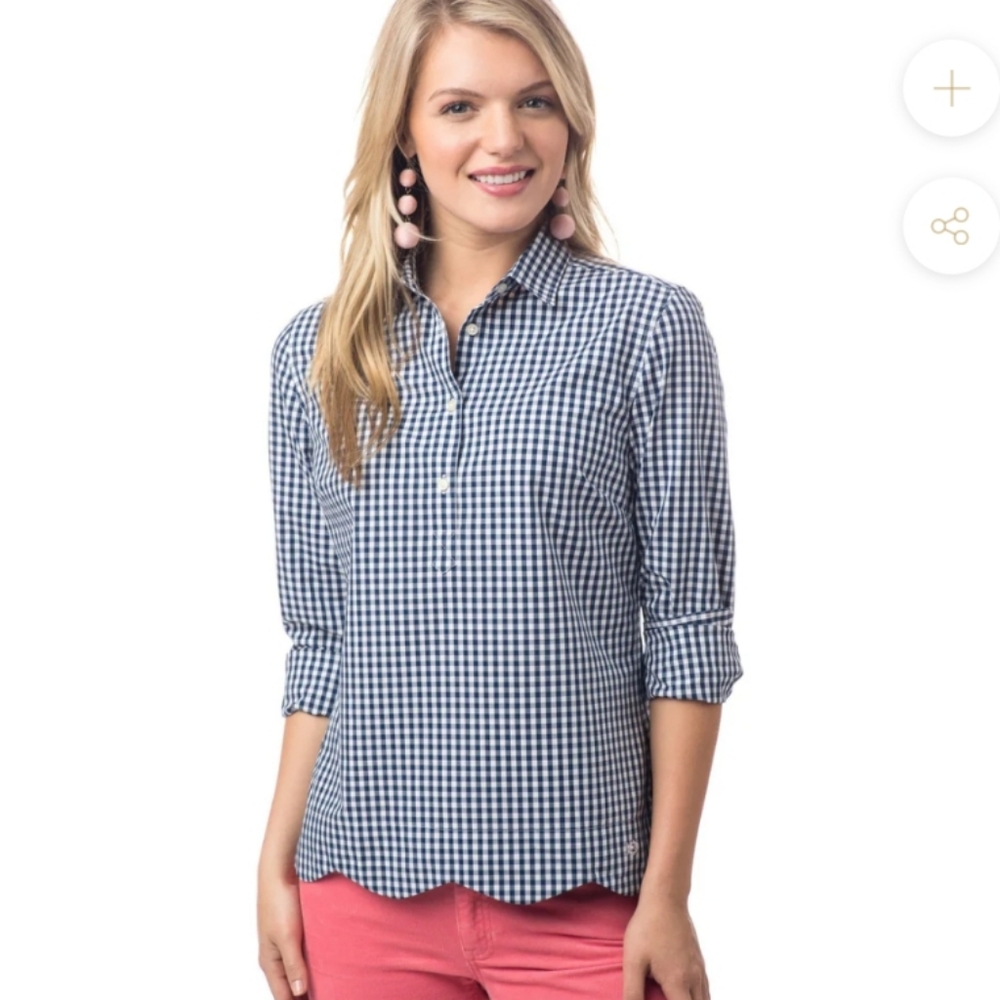 Southern Tide Navy Gingham Scalloped Hem Blouse size XL Cotton Blue